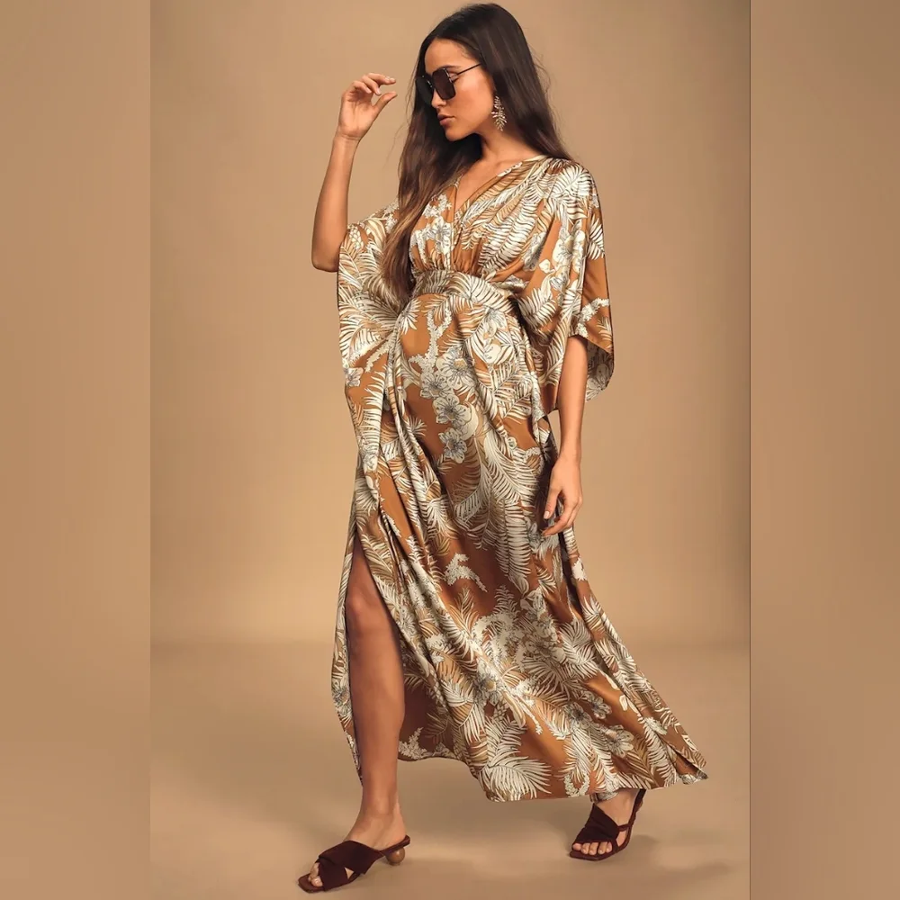 NWT Lulus Take A Holiday Tan Tropical Print Maxi Dress - Picture 4 of 4